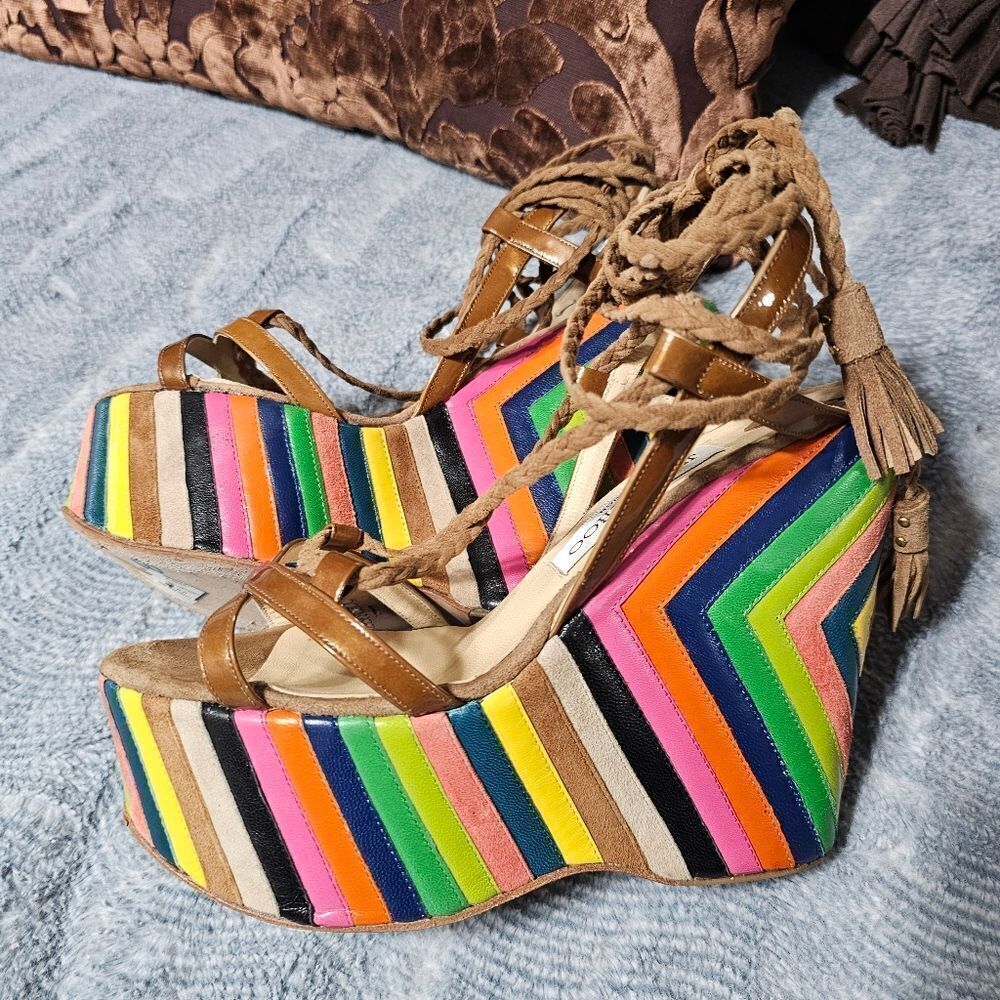 Jimmy Choo "Pearl" Rainbow Leather Espadrill Wedge Heels in EXCELLENT condition